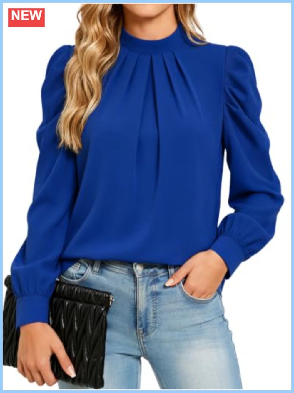 Women's Chiffon Puff Long Sleeve Mock Neck Blouse Tunic